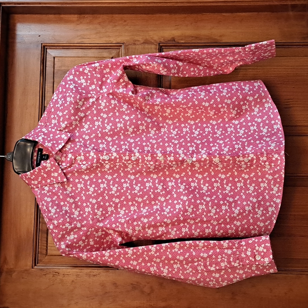 Lands' End no iron Pinpoint Oxford 6P long sleeve pink flowers